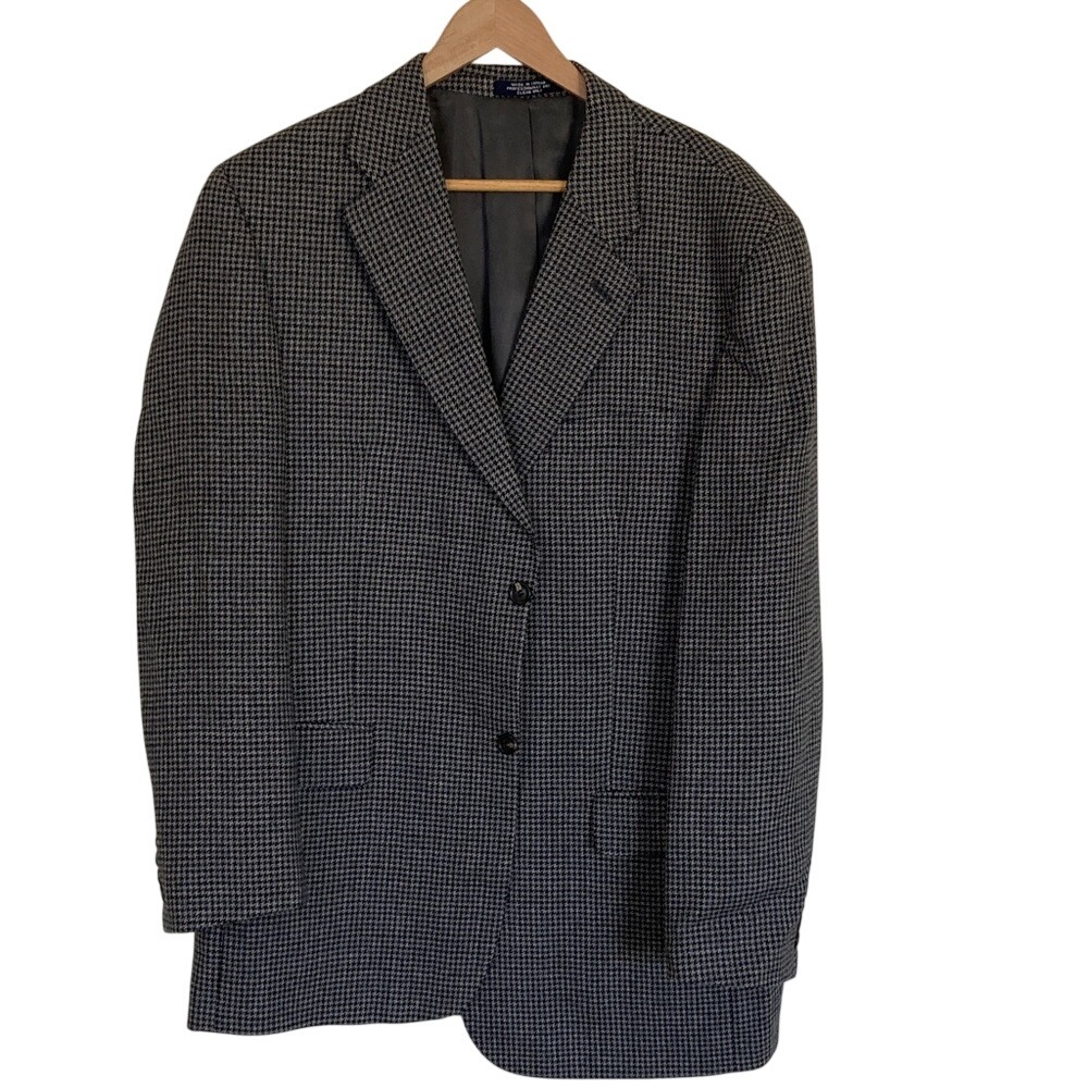Chaps Ralph Lauren Mens Classic Gray 2 Button Houndstooth Blazer Size 44L Alpaca